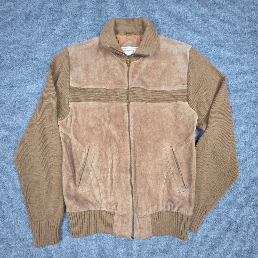 Vintage Mervyn's Suede Leather Bomber Jacket Men's Medium Brown Knit Sleeves